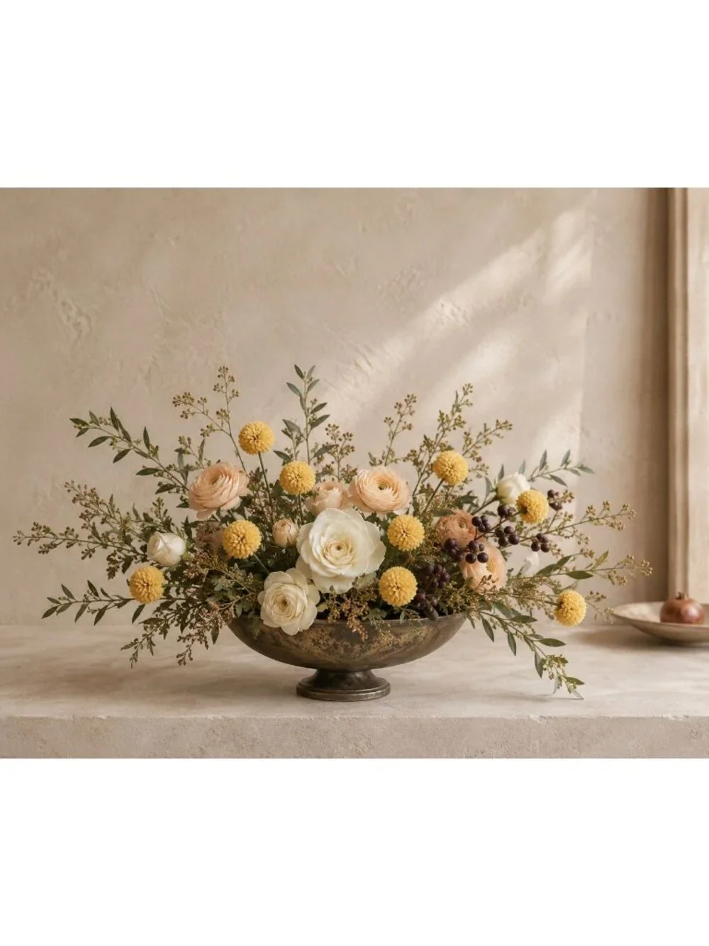 Light Autumn Yellow Pom Pom Chrysanthemum Stems Set of 2, 20 Inch Faux Silk Flow